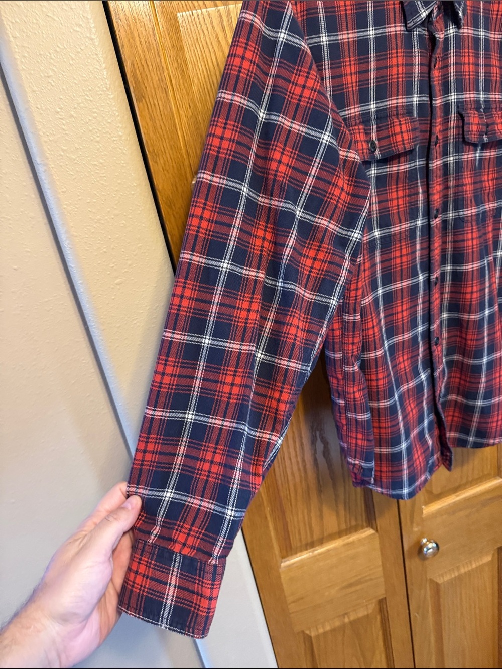 Filson Red and Navy Plaid Button-Up Shirt - Picture 3 of 9